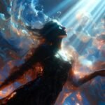 Surreal editorial artwork inspired by Trentemøller’s music, elegant human presence subtly integrated into a luminous abstract space, flowing light beams and rhythmic color pulses responding to sound