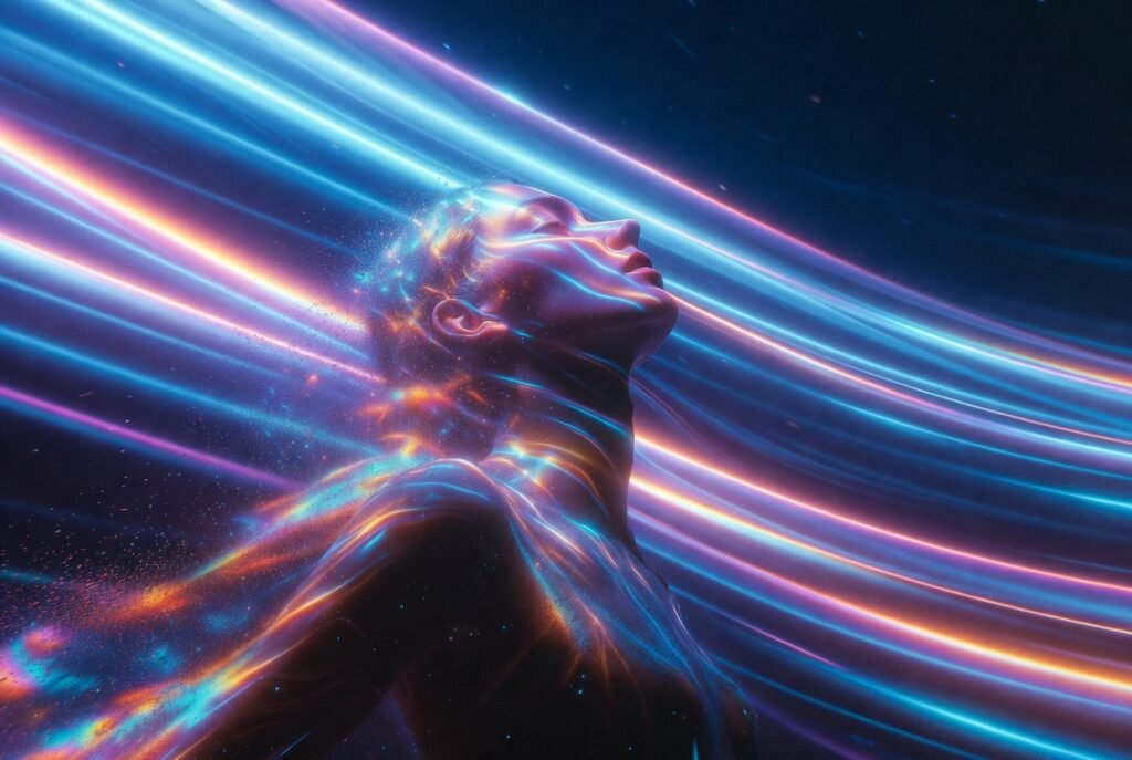 Surreal editorial artwork inspired by Trentemøller’s music, elegant human presence subtly integrated into a luminous abstract space,