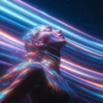 Surreal editorial artwork inspired by Trentemøller’s music, elegant human presence subtly integrated into a luminous abstract space,